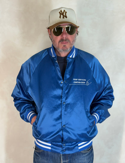 Size Large. Vintage 90s Blue Satin Jacket Made In USA-AJ357 Studio