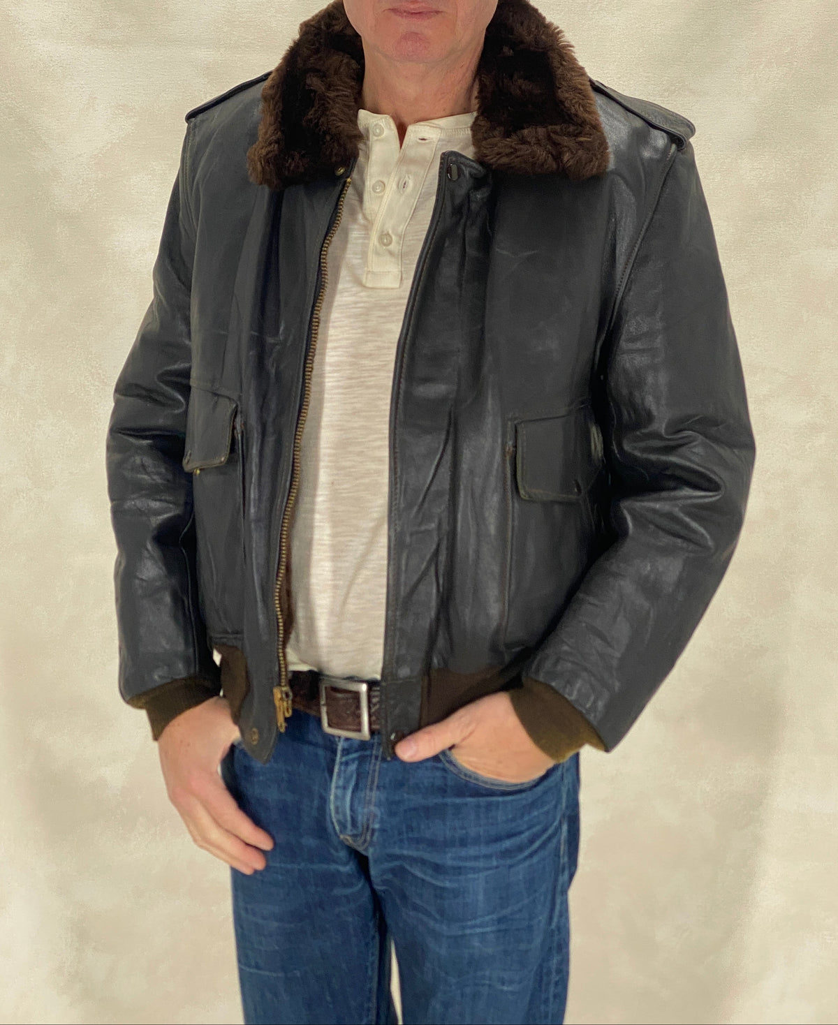 Size 42 Vintage Aviator Flight Jacket – Classic Leather Bomber -Talon zipper-AJ357 Studio
