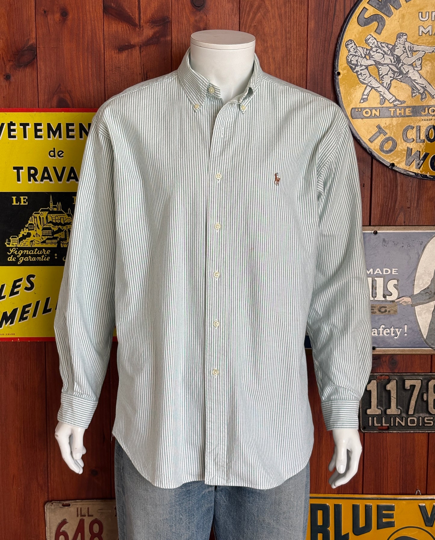 Ralph Lauren BLAKE Shirt Large Green White Striped Cotton Button Down