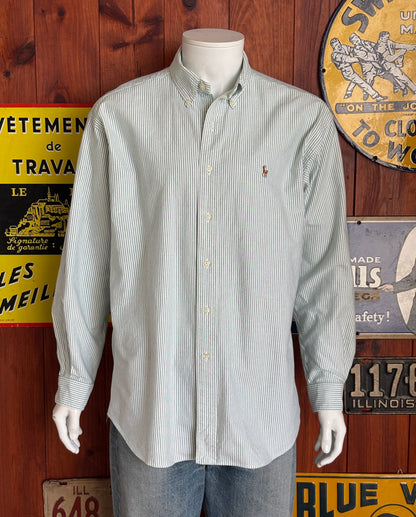 Ralph Lauren BLAKE Shirt Large Green White Striped Cotton Button Down
