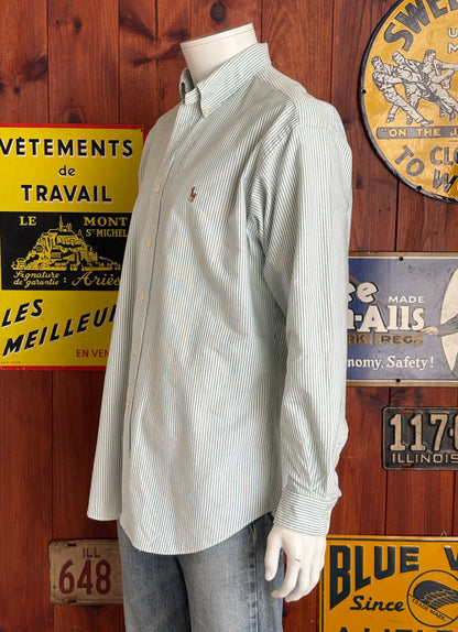 Ralph Lauren BLAKE Shirt Large Green White Striped Cotton Button Down