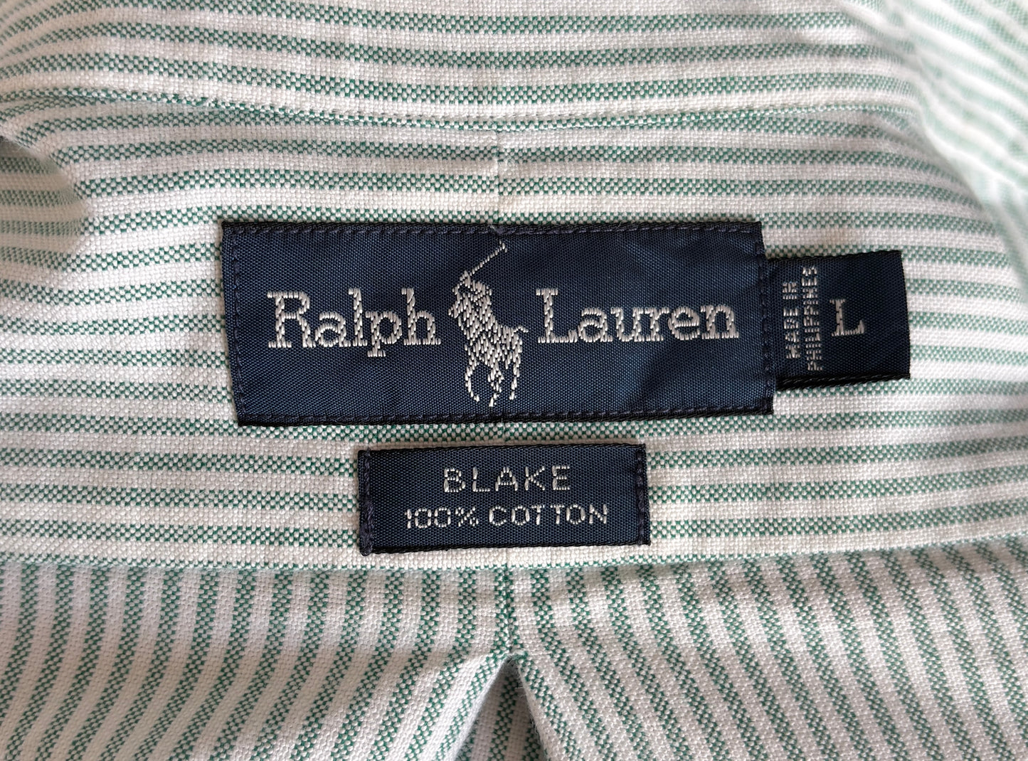 Ralph Lauren BLAKE Shirt Large Green White Striped Cotton Button Down