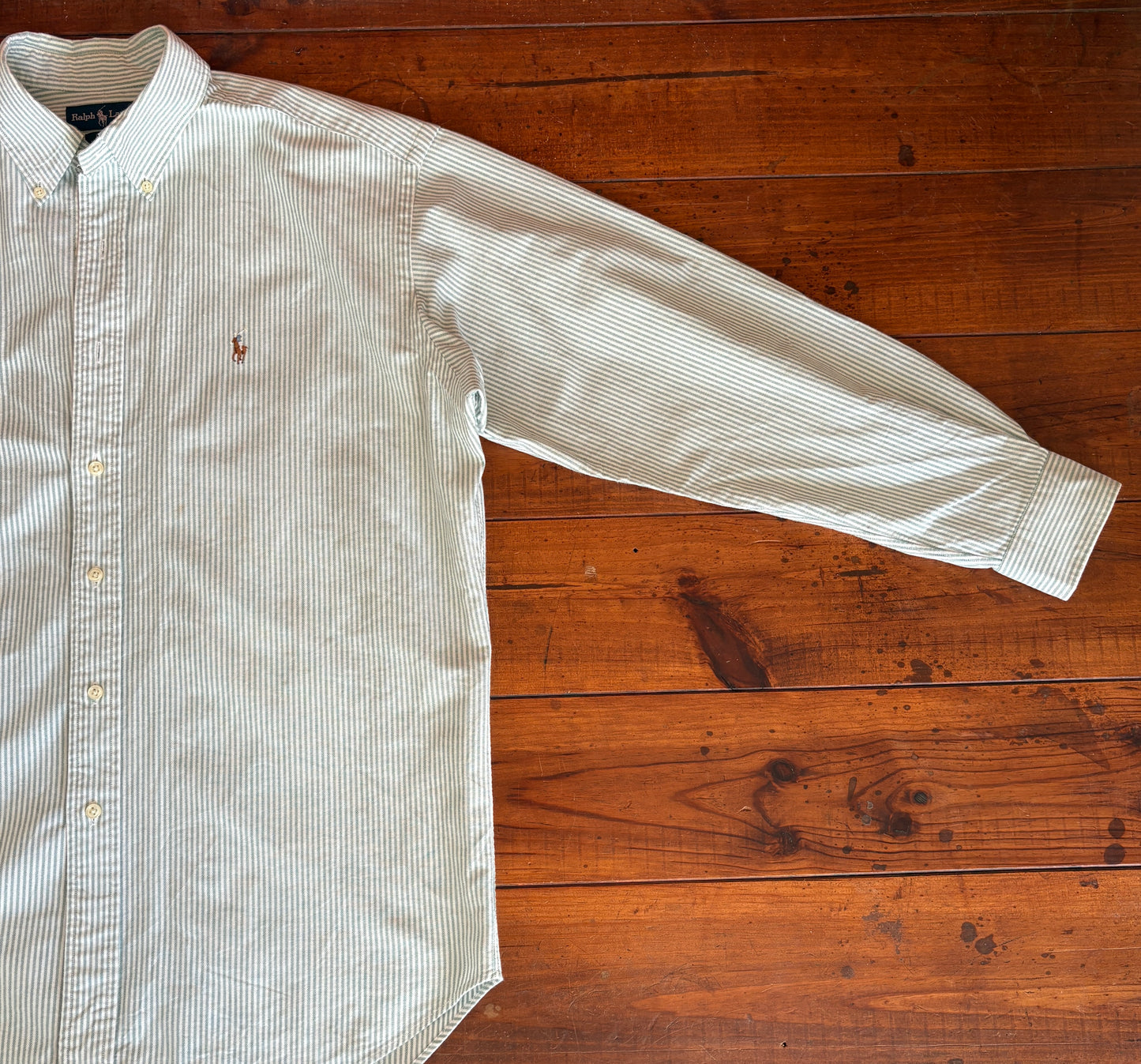 Ralph Lauren BLAKE Shirt Large Green White Striped Cotton Button Down