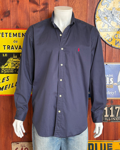 Ralph Lauren BLAKE Shirt Large Navy Cotton Button Down Red Pony