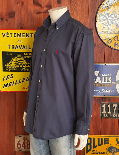 Ralph Lauren BLAKE Shirt Large Navy Cotton Button Down Red Pony