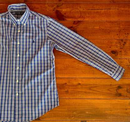 Ralph Lauren Custom Fit Shirt Medium Blue White Plaid Cotton Button Down