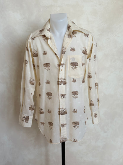 Size M. Vintage 70’s Shirt — Long Sleeve — Graphic Print —-AJ357 Studio