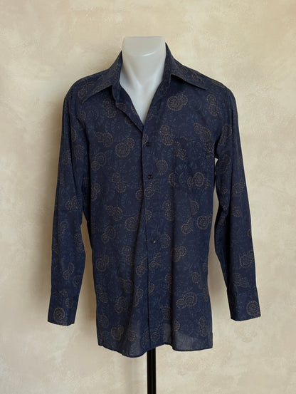 Size M. Vintage 70’s Blue Patterned Shirt – Long Sleeve – Retro Geometric Festival Shirt-AJ357 Studio