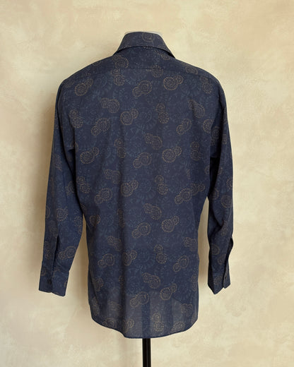 Size M. Vintage 70’s Blue Patterned Shirt – Long Sleeve – Retro Geometric Festival Shirt-AJ357 Studio