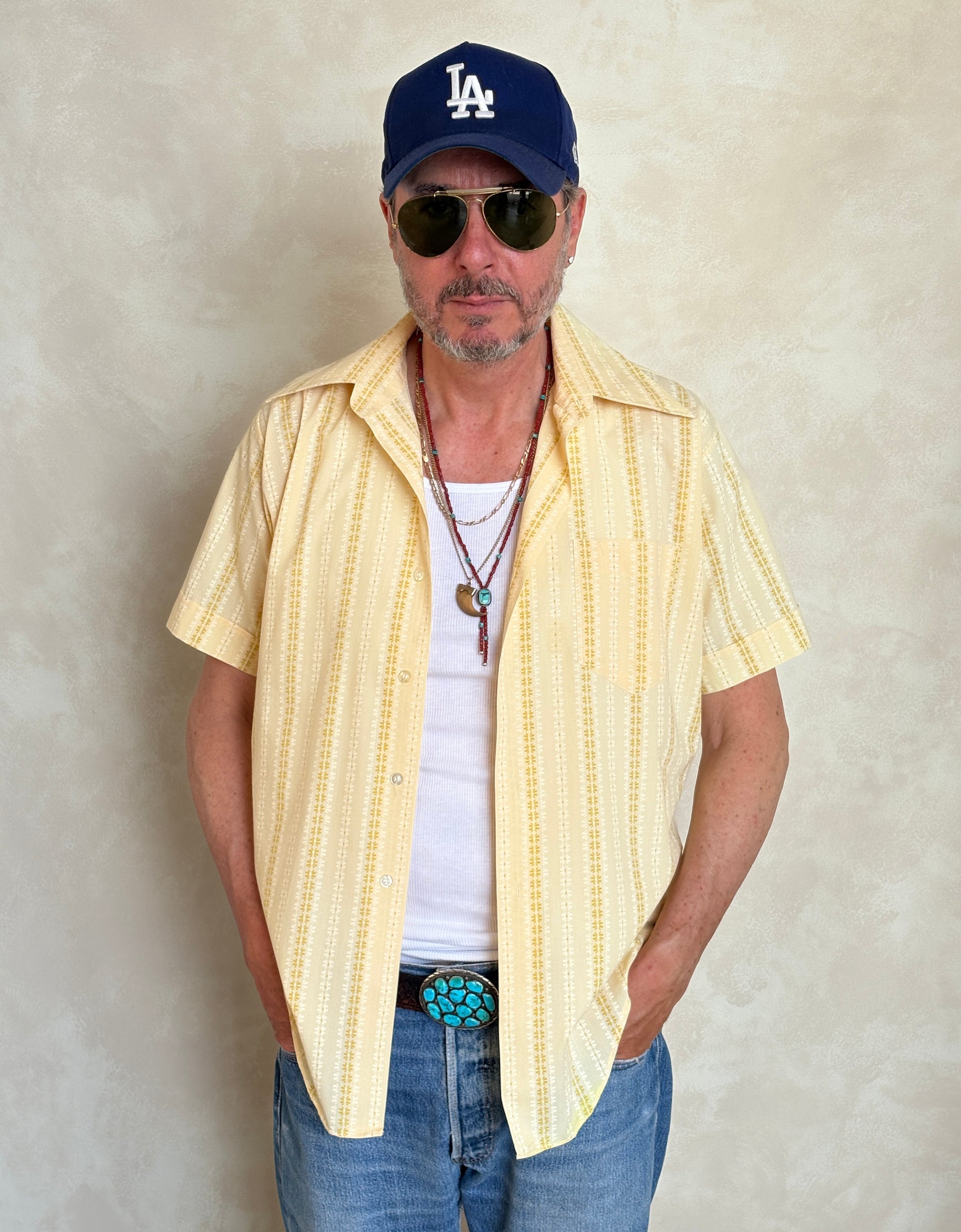 Size M. Vintage 70’s Yellow Striped Printed Shirt — Retro Casual Summer Shirt - USA Vintage Bcn