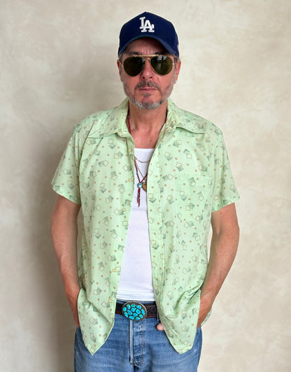 Size M. Vintage 70’s Grand Prix Shirt — Light Green Printed Casual Shirt — Summer Retro Look-AJ357 Studio