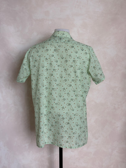Size M. Vintage 70’s Grand Prix Shirt — Light Green Printed Casual Shirt — Summer Retro Look-AJ357 Studio