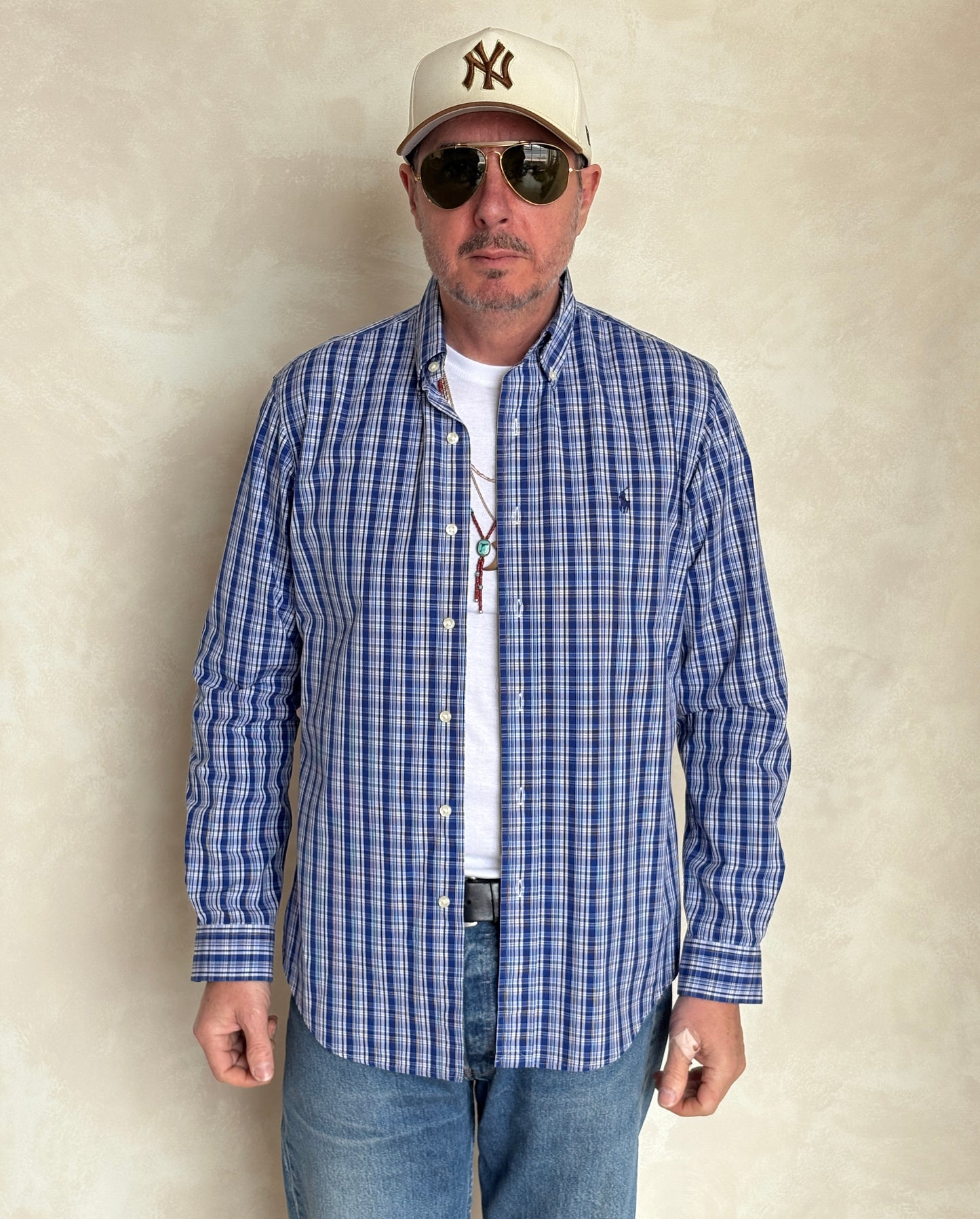 Ralph Lauren Custom Fit Shirt Medium Blue White Plaid Cotton Button Down