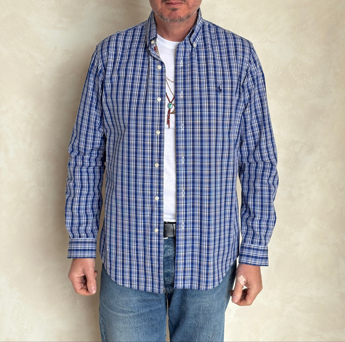 Ralph Lauren Custom Fit Shirt Medium Blue White Plaid Cotton Button Down-AJ357 Studio