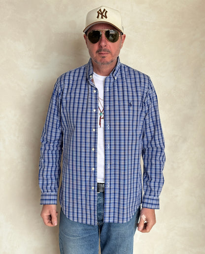 Ralph Lauren Custom Fit Shirt Medium Blue White Plaid Cotton Button Down