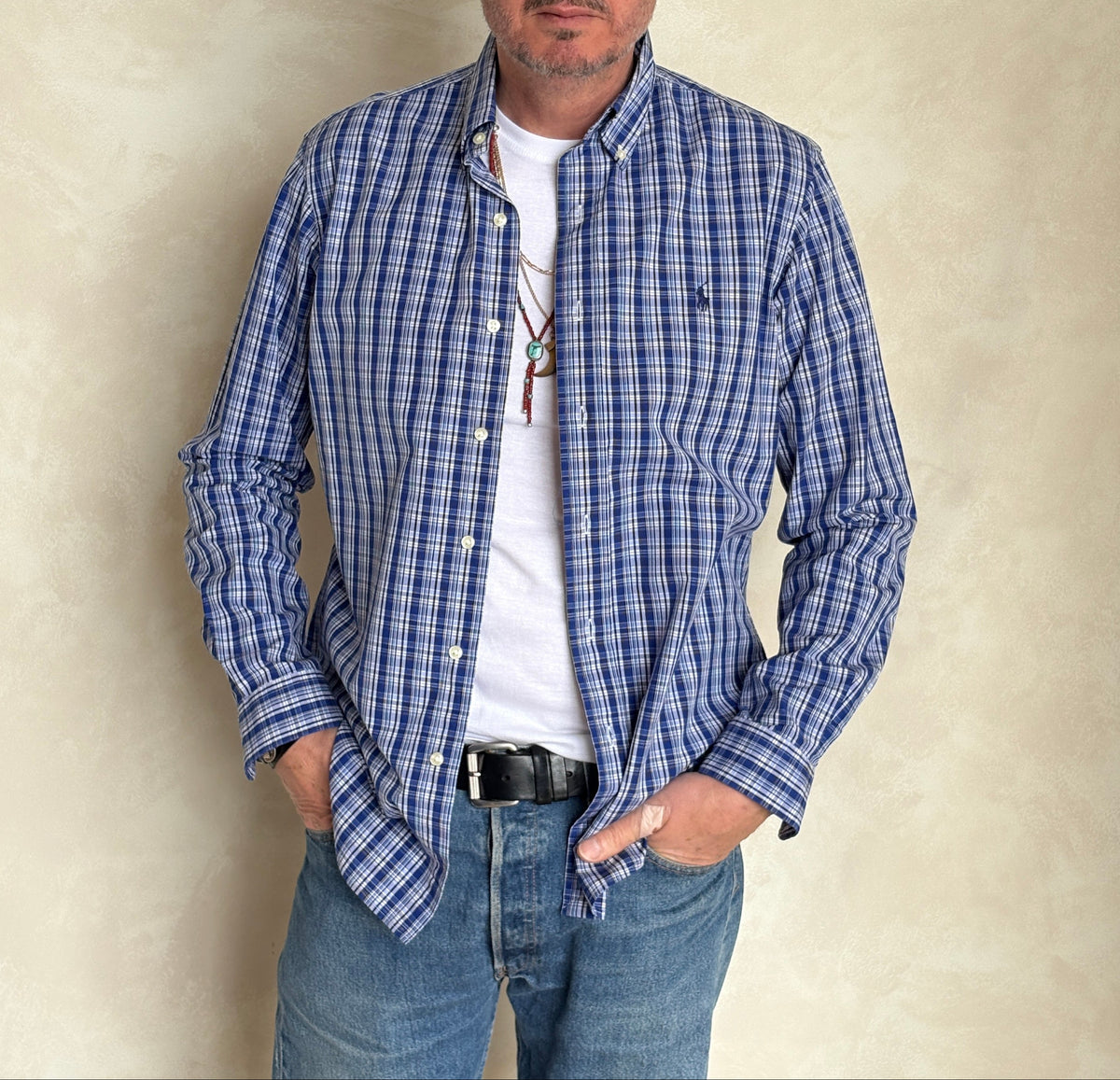 Ralph Lauren Custom Fit Shirt Medium Blue White Plaid Cotton Button Down-AJ357 Studio