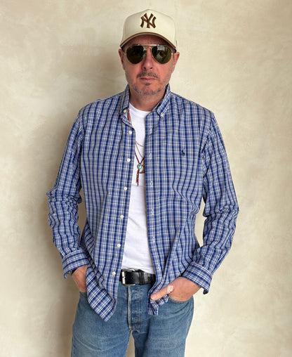 Ralph Lauren Custom Fit Shirt Medium Blue White Plaid Cotton Button Down