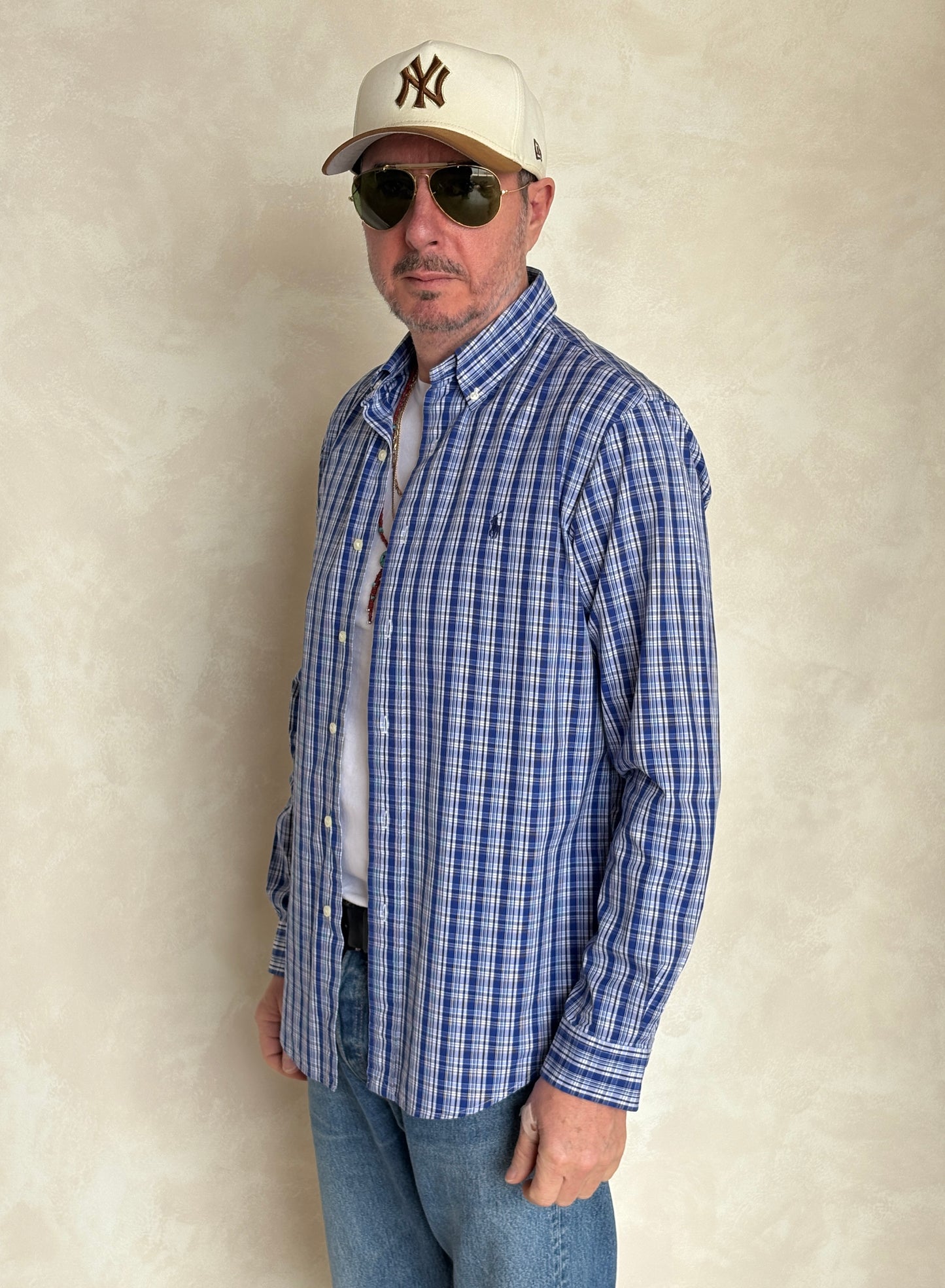 Ralph Lauren Custom Fit Shirt Medium Blue White Plaid Cotton Button Down