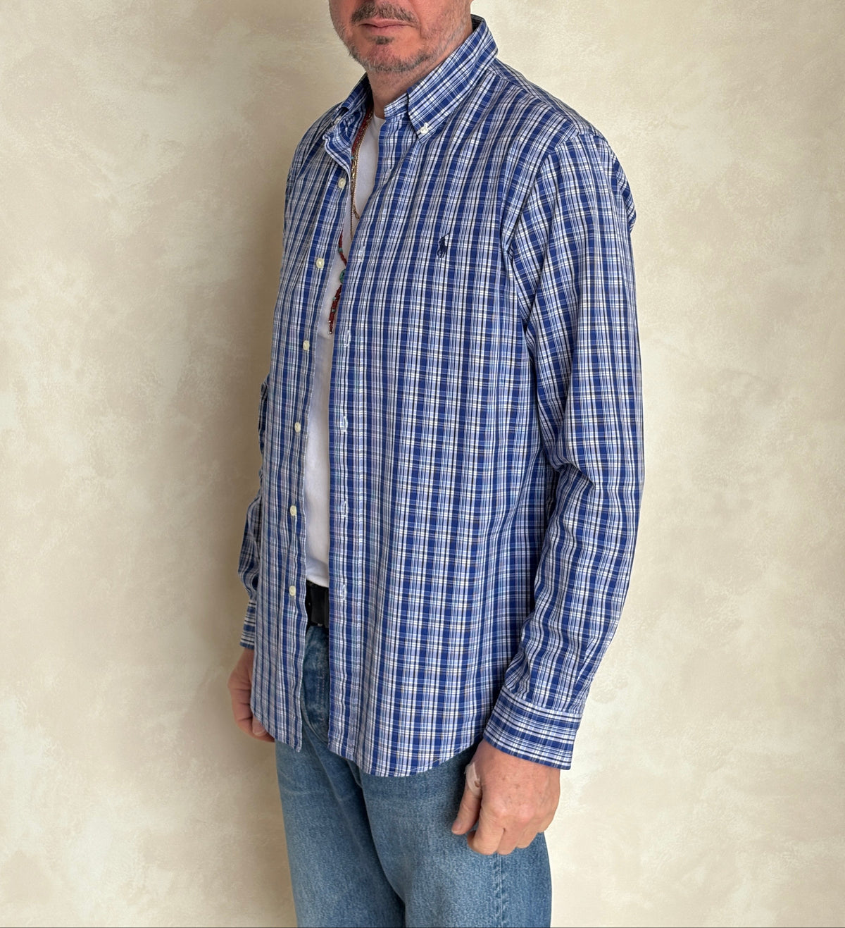 Ralph Lauren Custom Fit Shirt Medium Blue White Plaid Cotton Button Down-AJ357 Studio
