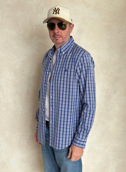 Ralph Lauren Custom Fit Shirt Medium Blue White Plaid Cotton Button Down