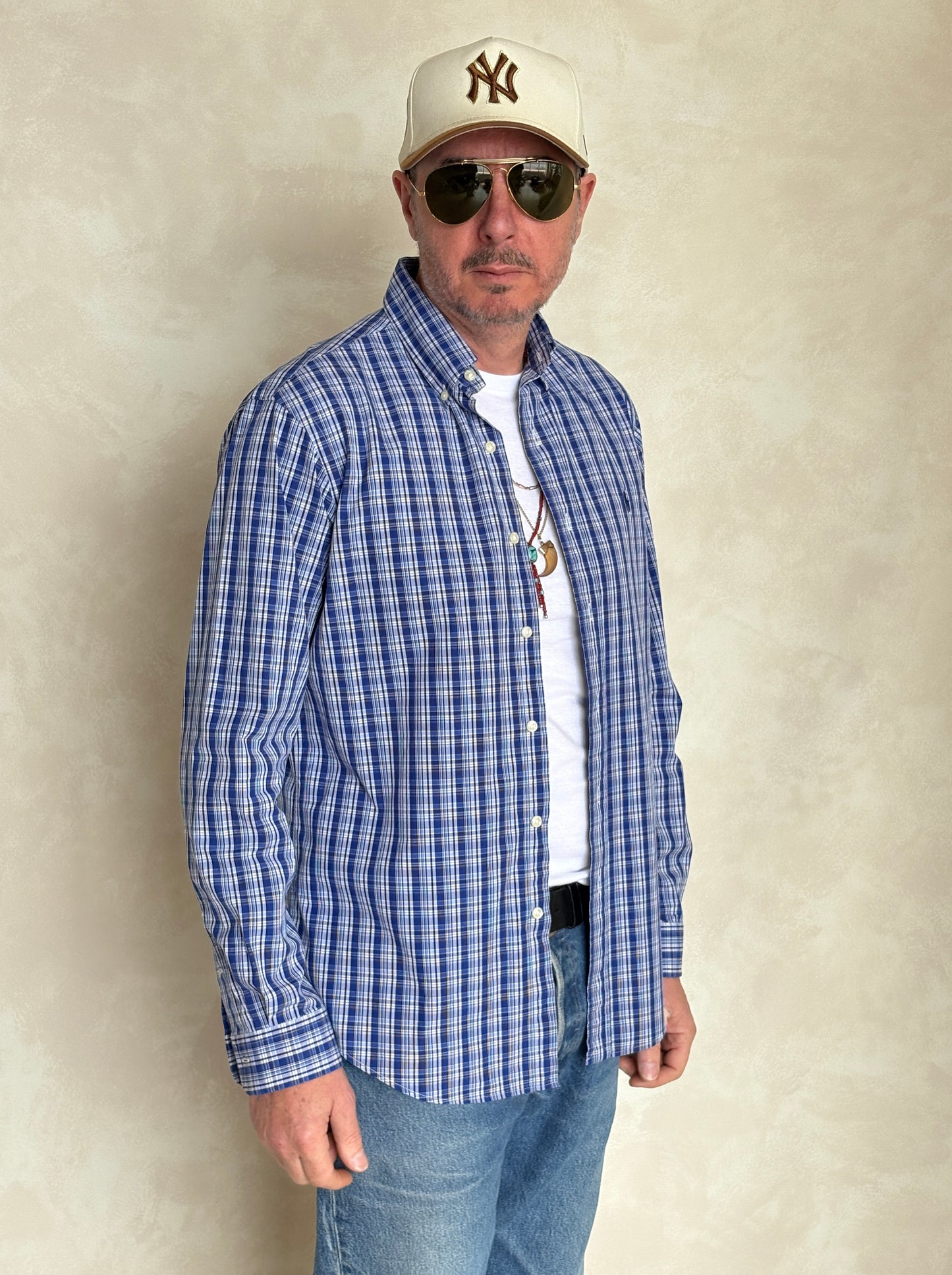 Ralph Lauren Custom Fit Shirt Medium Blue White Plaid Cotton Button Down