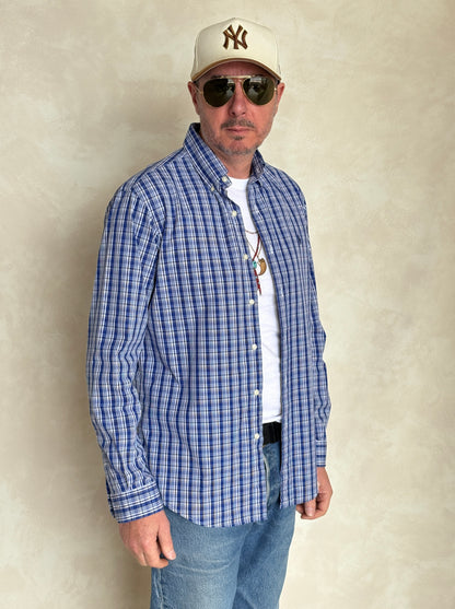 Ralph Lauren Custom Fit Shirt Medium Blue White Plaid Cotton Button Down