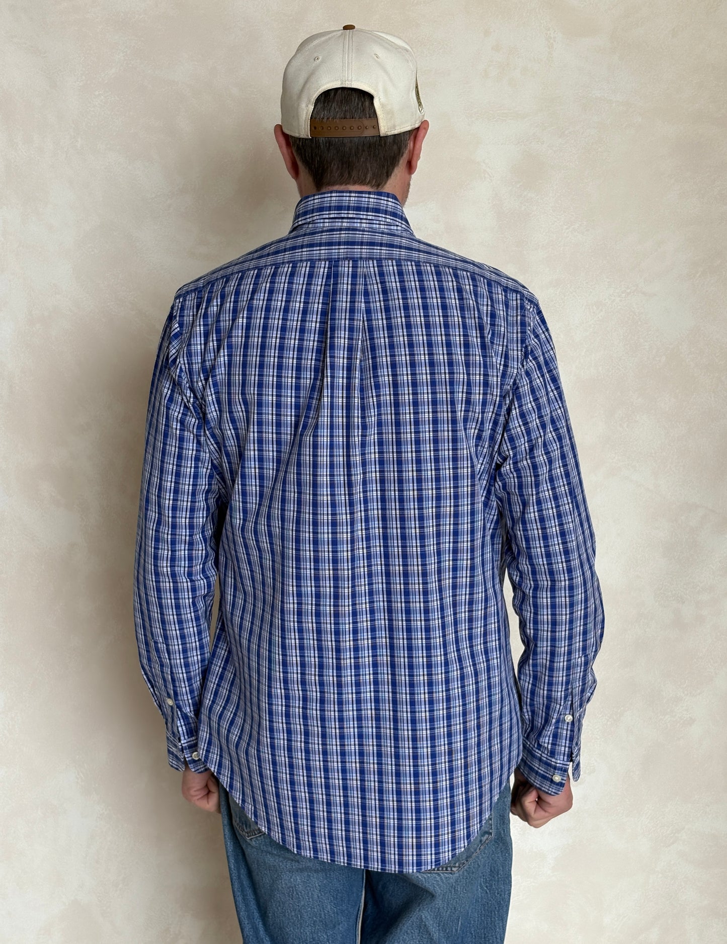 Ralph Lauren Custom Fit Shirt Medium Blue White Plaid Cotton Button Down