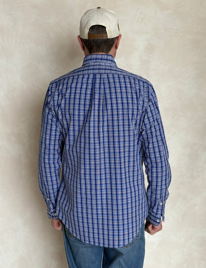 Ralph Lauren Custom Fit Shirt Medium Blue White Plaid Cotton Button Down