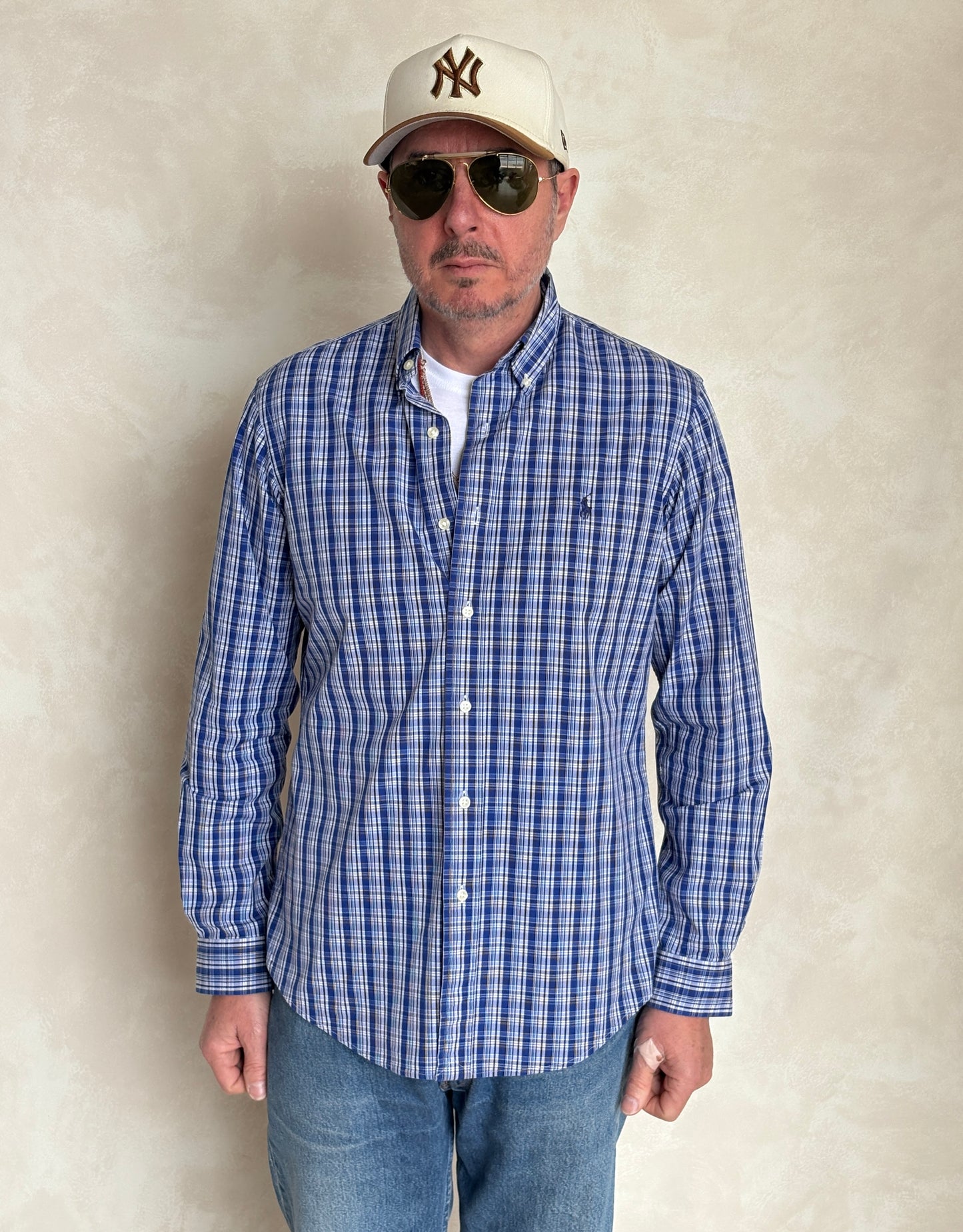 Ralph Lauren Custom Fit Shirt Medium Blue White Plaid Cotton Button Down