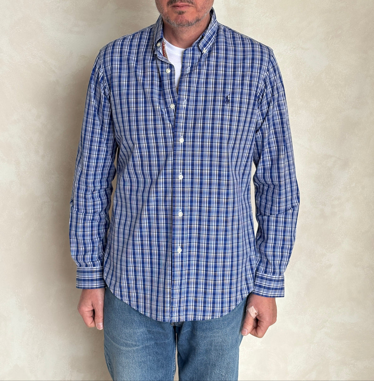 Ralph Lauren Custom Fit Shirt Medium Blue White Plaid Cotton Button Down-AJ357 Studio