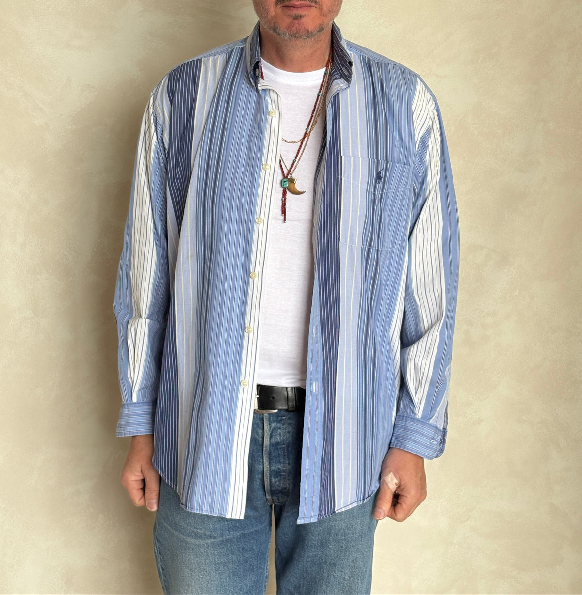 Ralph Lauren BLAIRE Shirt Medium Blue Striped Cotton Button Down-AJ357 Studio