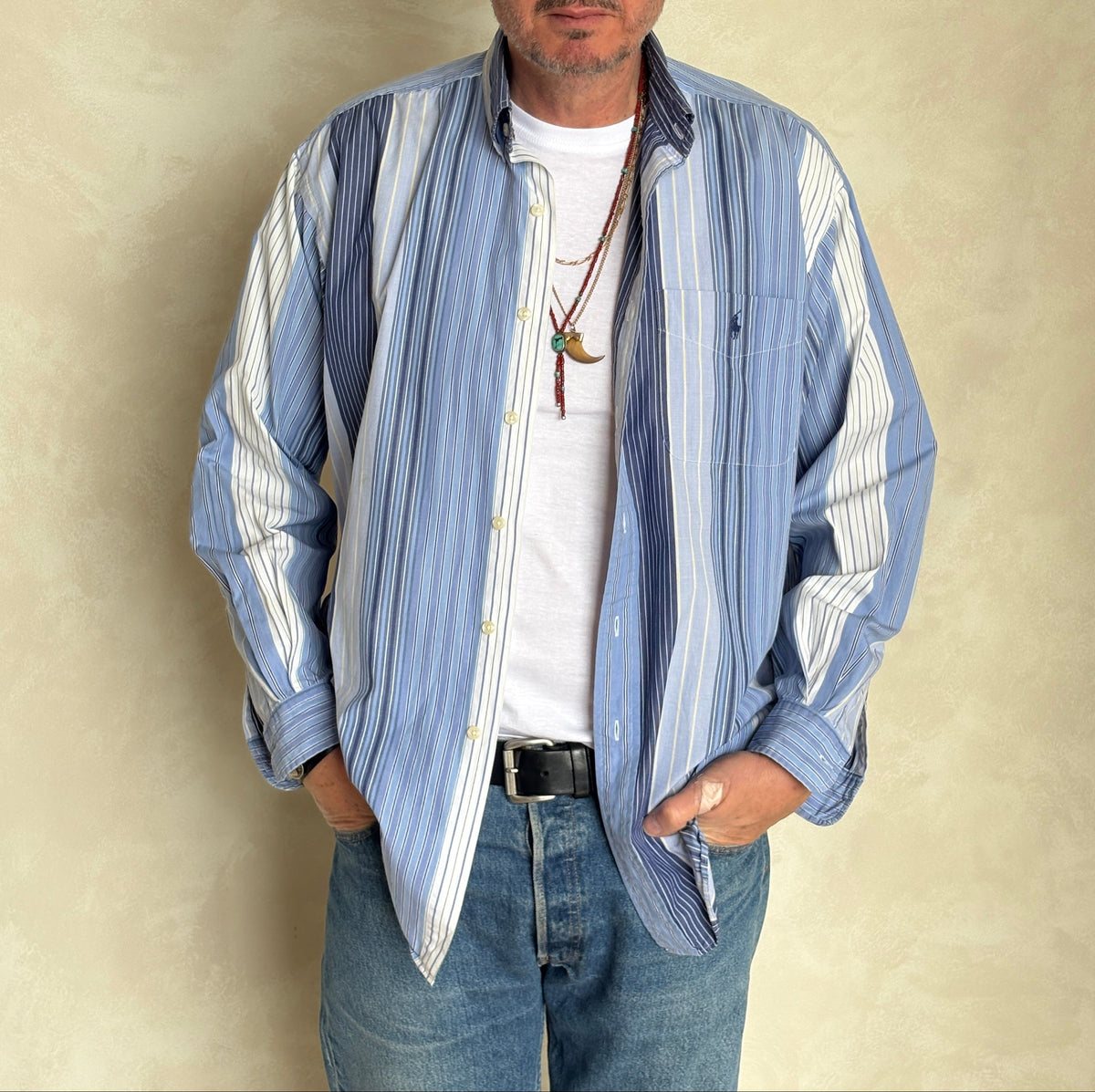 Ralph Lauren BLAIRE Shirt Medium Blue Striped Cotton Button Down-AJ357 Studio
