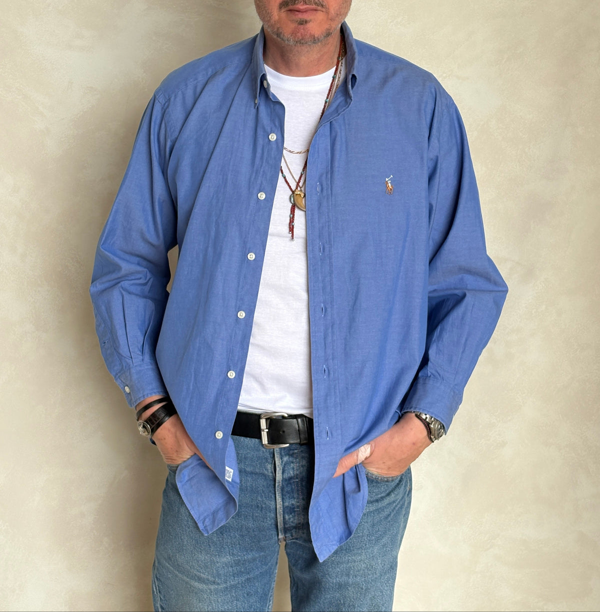 Ralph Lauren Yarmouth Shirt Large Blue Pinpoint Oxford Cotton Button Down-AJ357 Studio