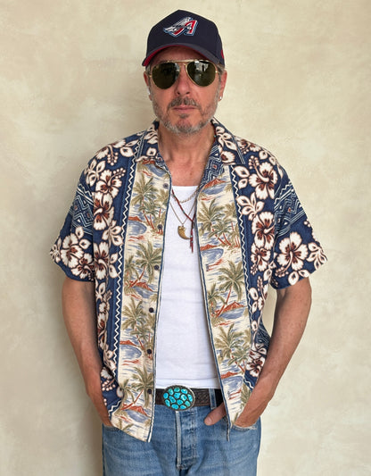 Large. Vintage 90s Hawaiian Barkcloth cotton shirt-AJ357 Studio