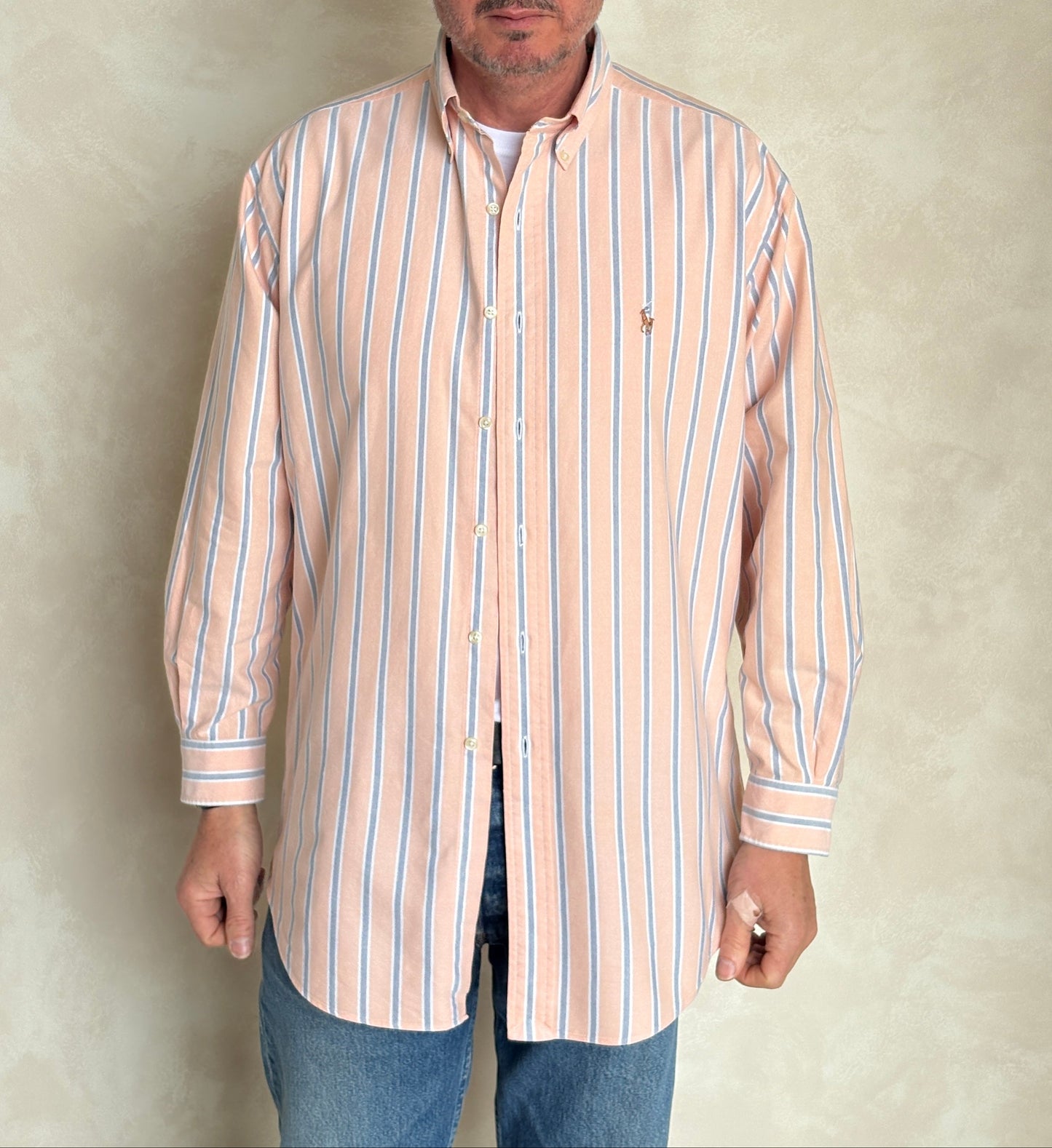 Ralph Lauren Yarmouth Shirt 16-33 Orange Striped Oxford Cotton Button Down