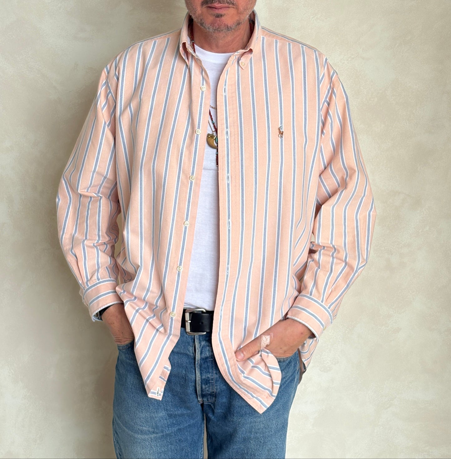 Ralph Lauren Yarmouth Shirt 16-33 Orange Striped Oxford Cotton Button Down