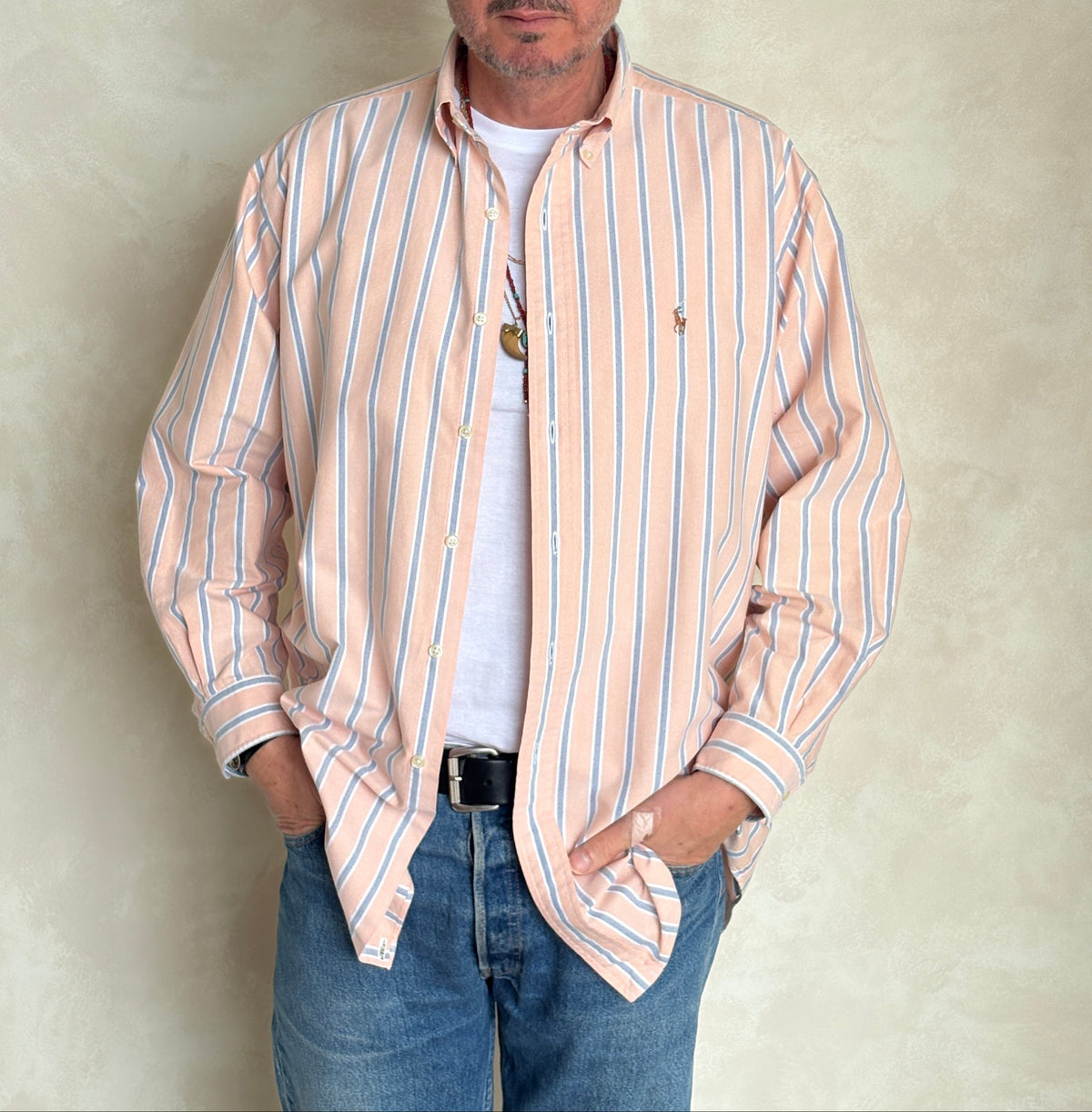 Ralph Lauren Yarmouth Shirt 16-33 Orange Striped Oxford Cotton Button Down-AJ357 Studio