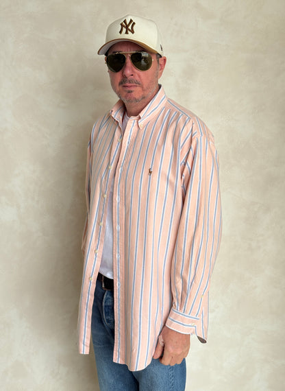 Ralph Lauren Yarmouth Shirt 16-33 Orange Striped Oxford Cotton Button Down