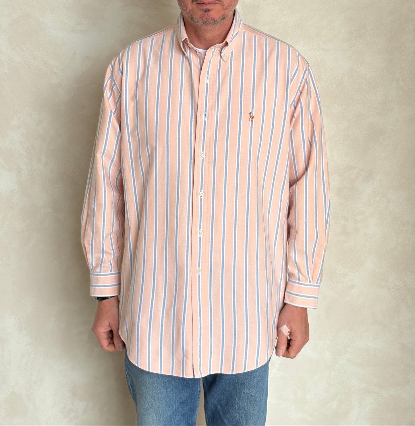 Ralph Lauren Yarmouth Shirt 16-33 Orange Striped Oxford Cotton Button Down