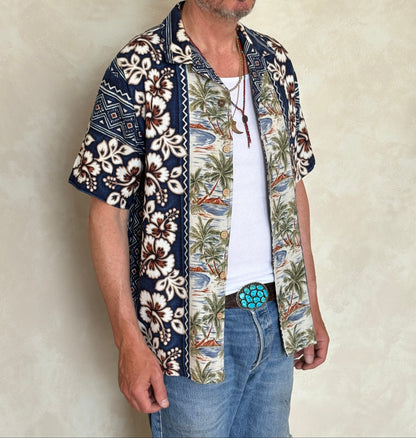 Large Vintage 90s Hawaiian Barkcloth Cotton Shirt Made in USA-AJ357 Studio