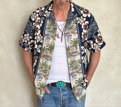 Large Vintage 90s Hawaiian Barkcloth Cotton Shirt Made in USA-AJ357 Studio