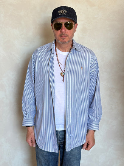 Ralph Lauren YARMOUTH Button-Down Shirt Large | Blue White Stripe Cotton | Made in USA | Preppy Mens Oxford Shirt