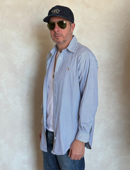 Ralph Lauren YARMOUTH Button-Down Shirt Large | Blue White Stripe Cotton | Made in USA | Preppy Mens Oxford Shirt