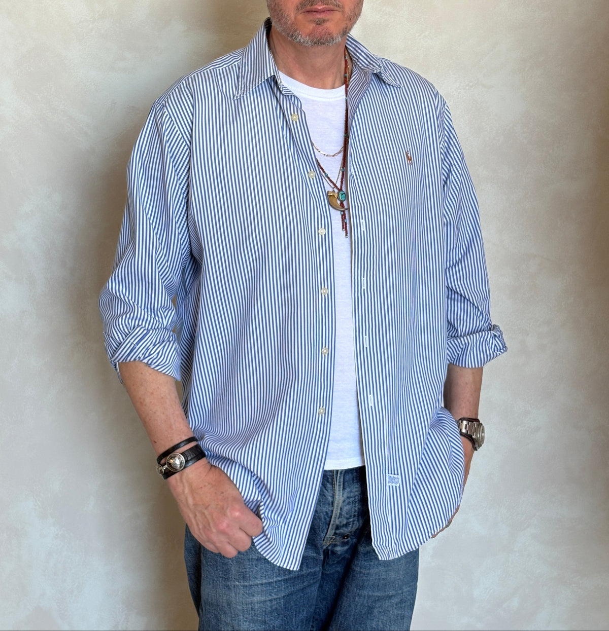 Ralph Lauren YARMOUTH Button-Down Shirt Medium | Blue White Stripe Cotton | Made in USA | Preppy Mens Oxford Shirt-AJ357 Studio