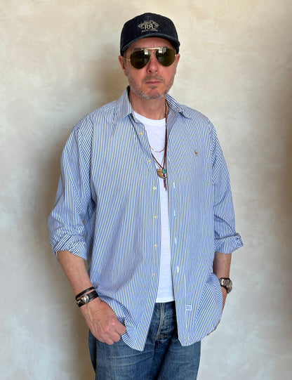 Ralph Lauren YARMOUTH Button-Down Shirt Large | Blue White Stripe Cotton | Made in USA | Preppy Mens Oxford Shirt