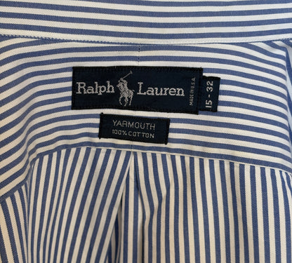 Ralph Lauren YARMOUTH Button-Down Shirt Large | Blue White Stripe Cotton | Made in USA | Preppy Mens Oxford Shirt