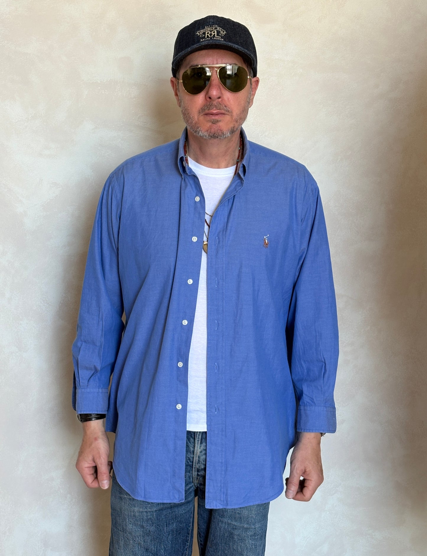Ralph Lauren YARMOUTH Button-Down Shirt Large | Solid Blue Pinpoint Oxford Cotton | Mens Classic Shirt