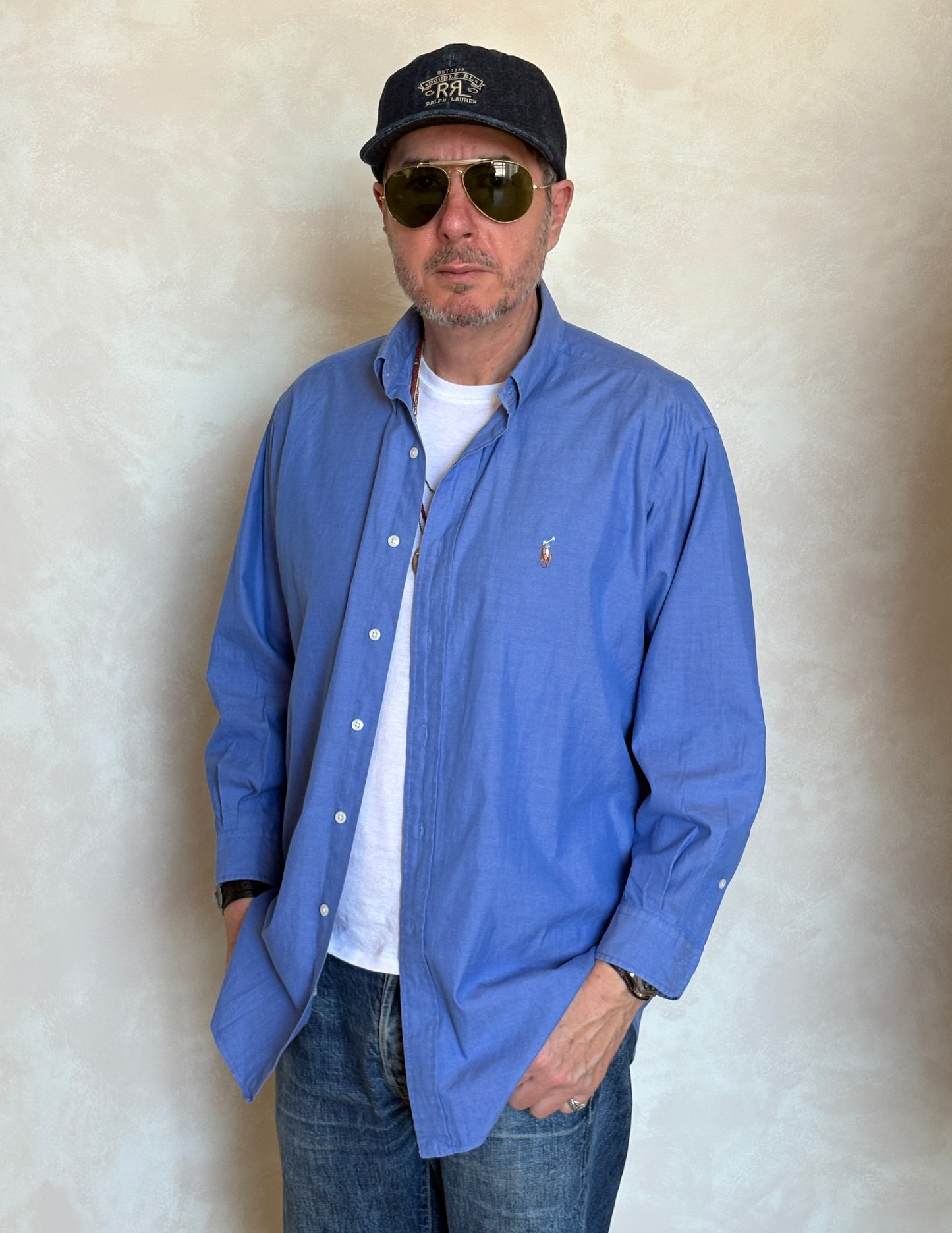 Ralph Lauren YARMOUTH Button-Down Shirt Large | Solid Blue Pinpoint Oxford Cotton | Mens Classic Shirt