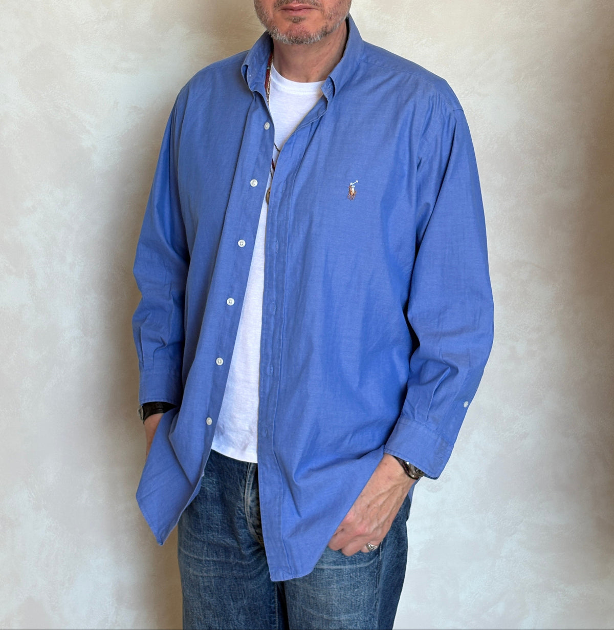 Ralph Lauren YARMOUTH Button-Down Shirt Large | Solid Blue Pinpoint Oxford Cotton | Mens Classic Shirt-AJ357 Studio