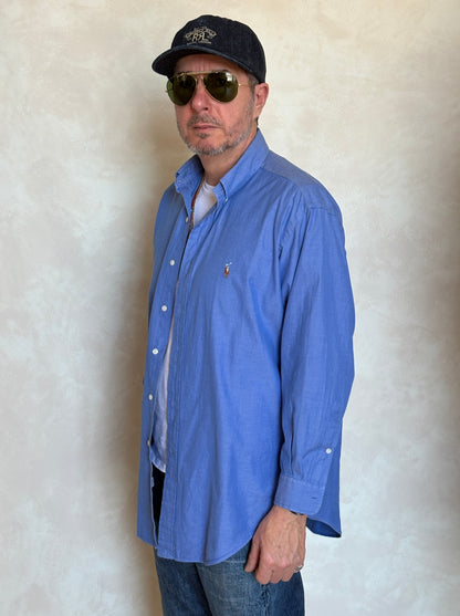 Ralph Lauren YARMOUTH Button-Down Shirt Large | Solid Blue Pinpoint Oxford Cotton | Mens Classic Shirt